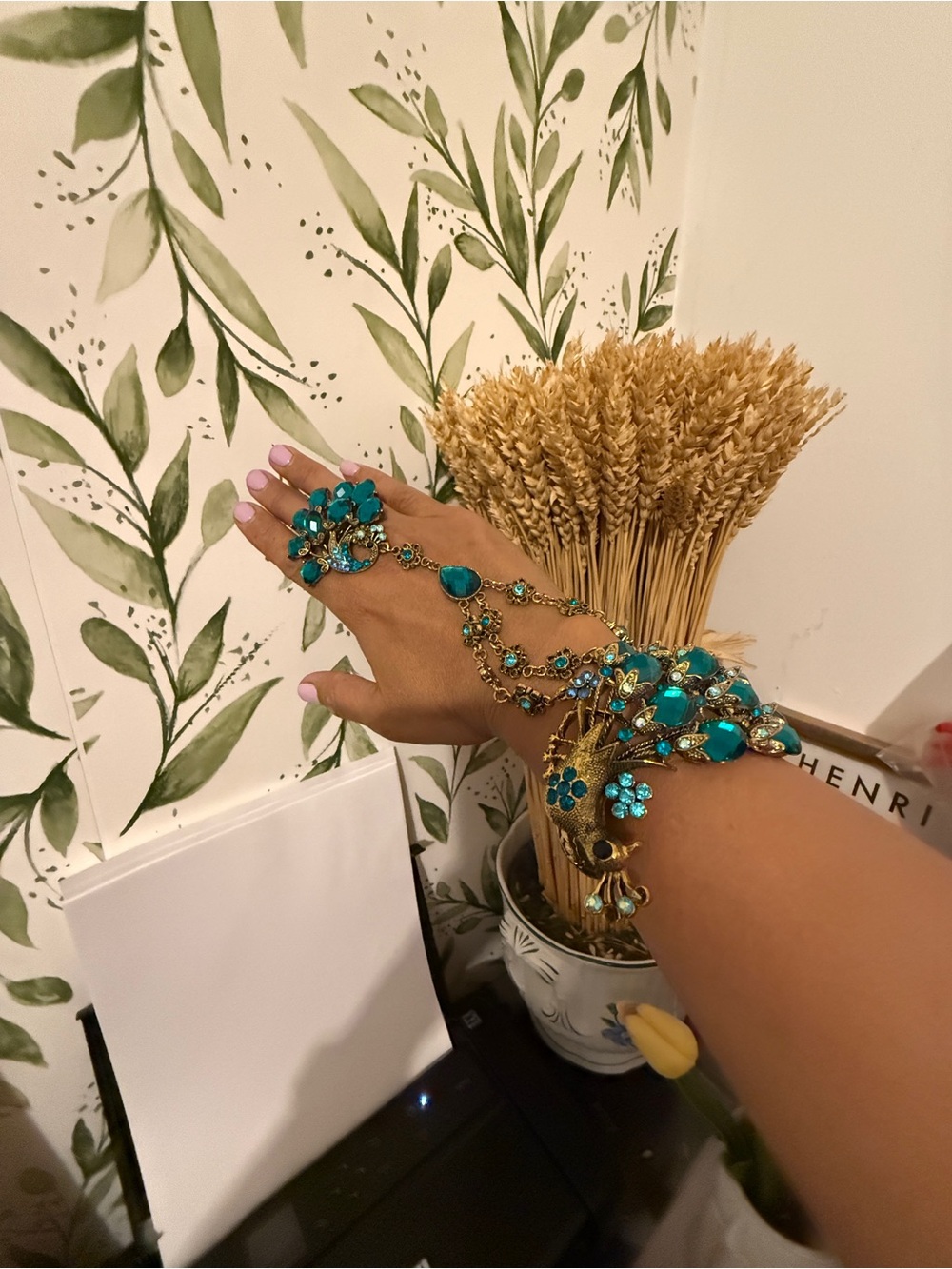 Turquoise Crystal peacock Hand Chain Bracelet and attached ring